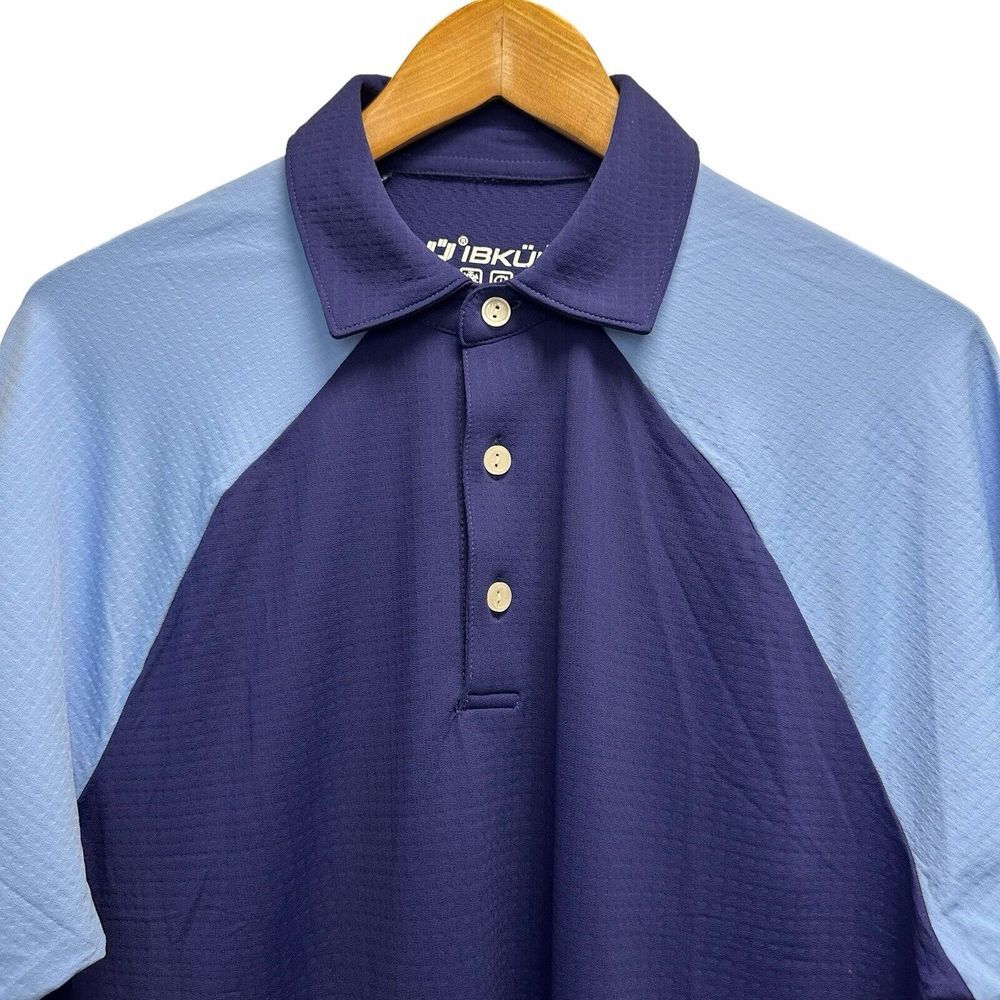 IBKUL Men's Size Medium Golf Polo S/S Shirt Blue Colorblock Nylon Stretch euc